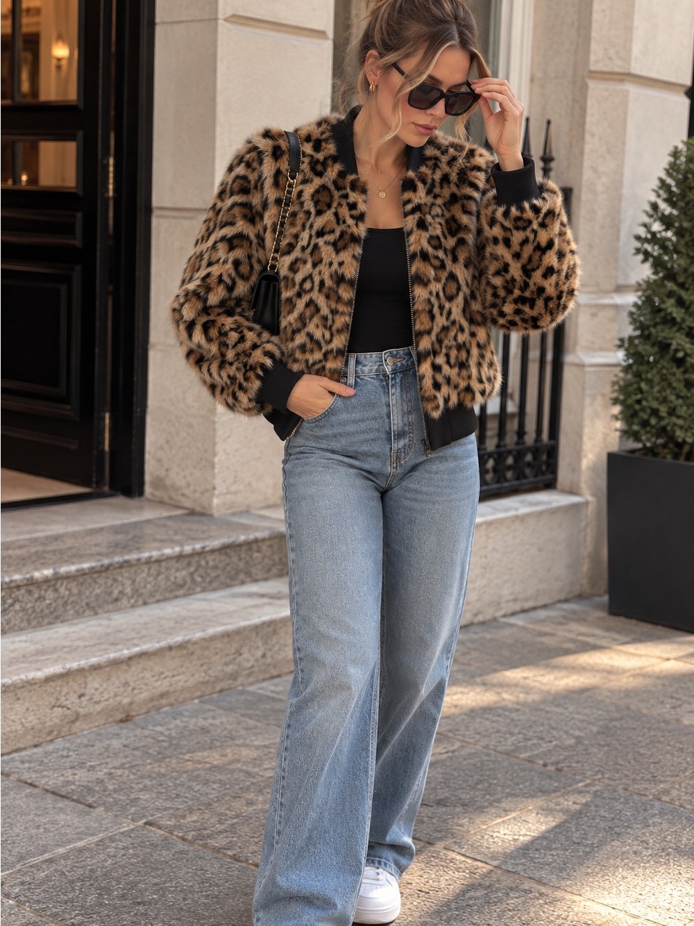 Leopard Print Faux Fur Bomber Jacket - Brown -REVERSIBLE